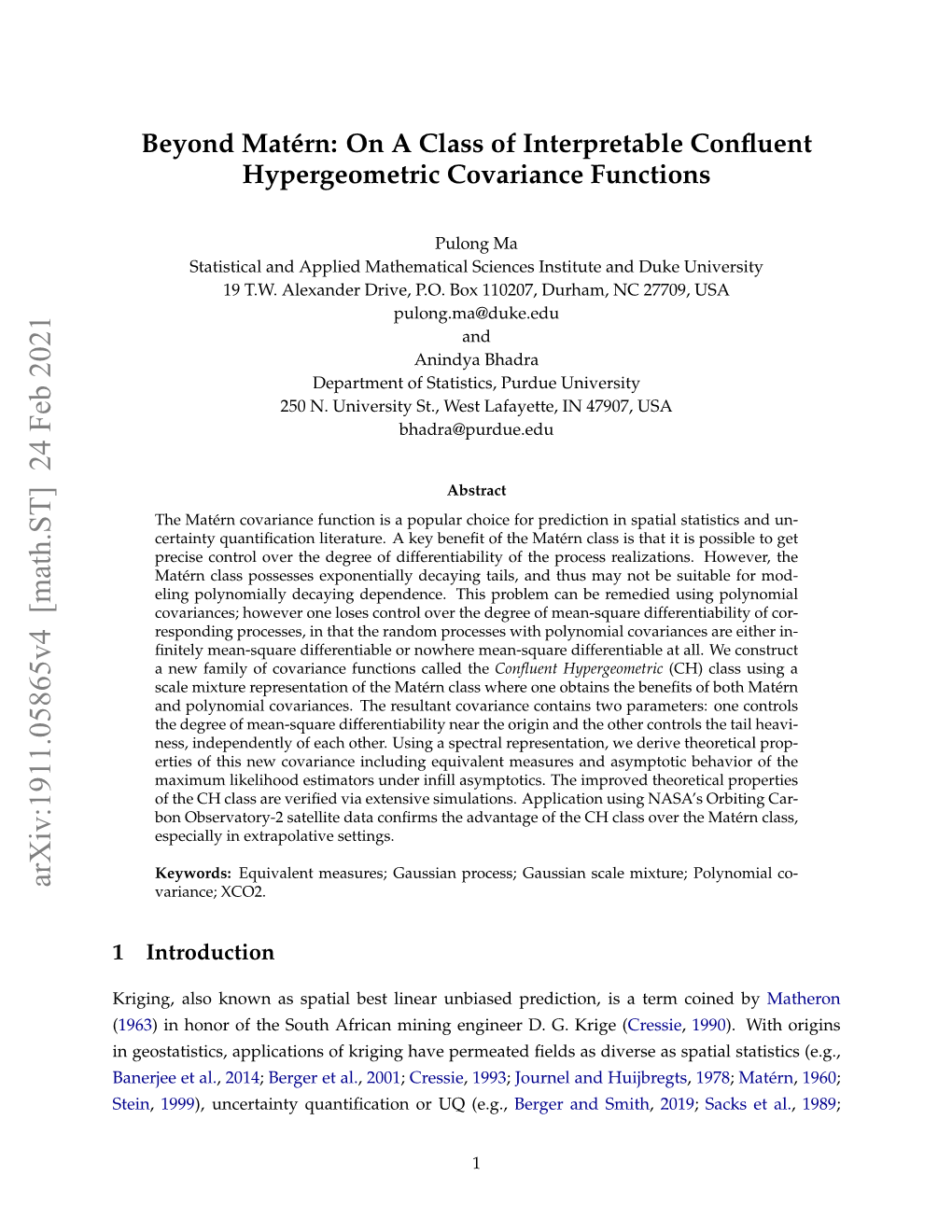 On a Class of Interpretable Confluent Hypergeometric Covariance