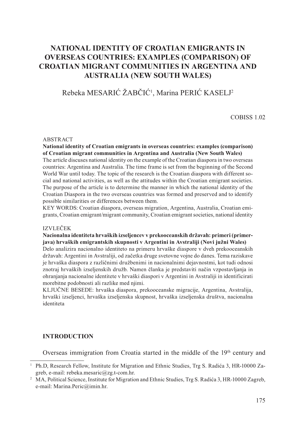 National Identity of Croatian Emigrants in Overseas Countries: Examples (Comparison) of Croatian Migrant Communities in Argentina and Australia (New South Wales)