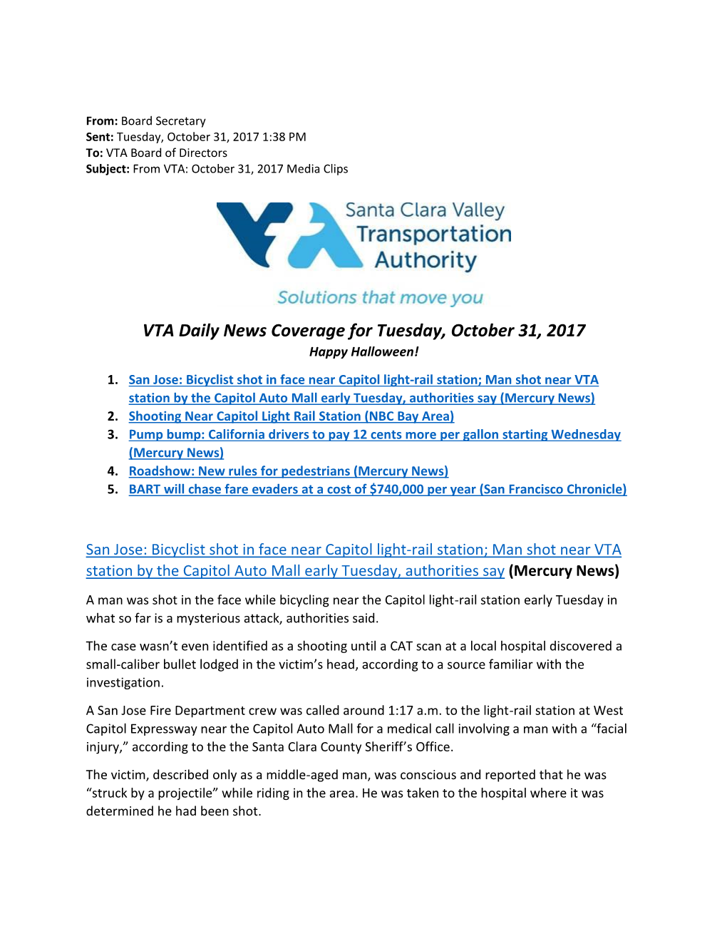VTA Daily News Coverage for Tuesday, October 31, 2017 Happy Halloween! 1