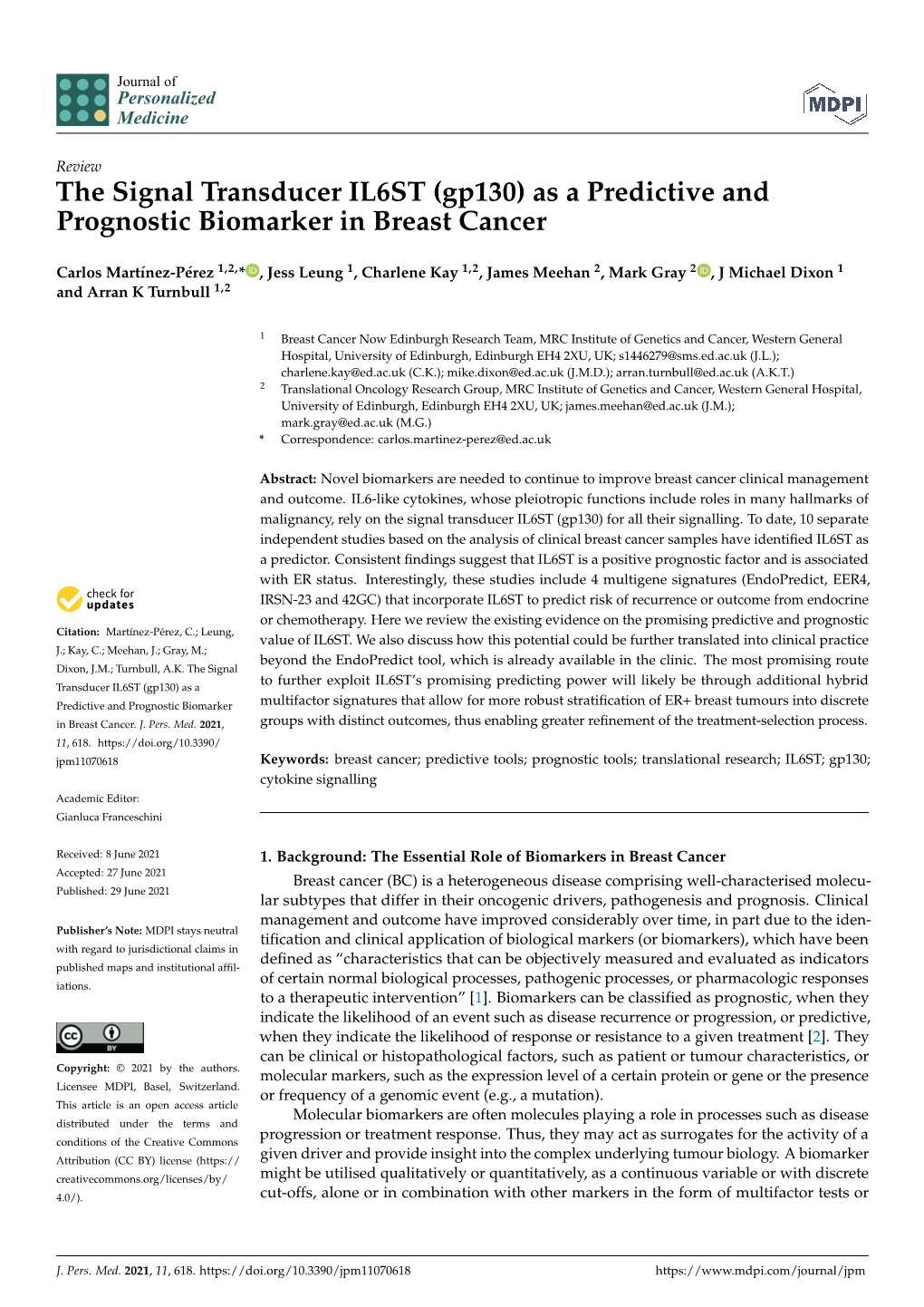 The Signal Transducer IL6ST (Gp130) As a Predictive and Prognostic Biomarker in Breast Cancer