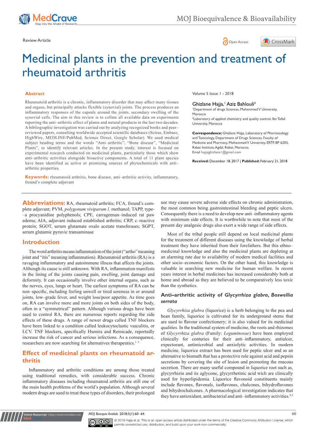 Medicinal Plants in the Prevention and Treatment of Rheumatoid Arthritis