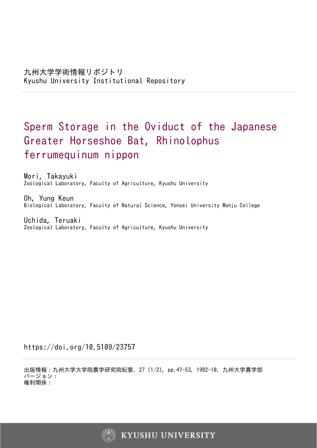 Sperm Storage in the Oviduct of the Japanese Greater Horseshoe Bat, Rhinolophus Ferrumequinum Nippon