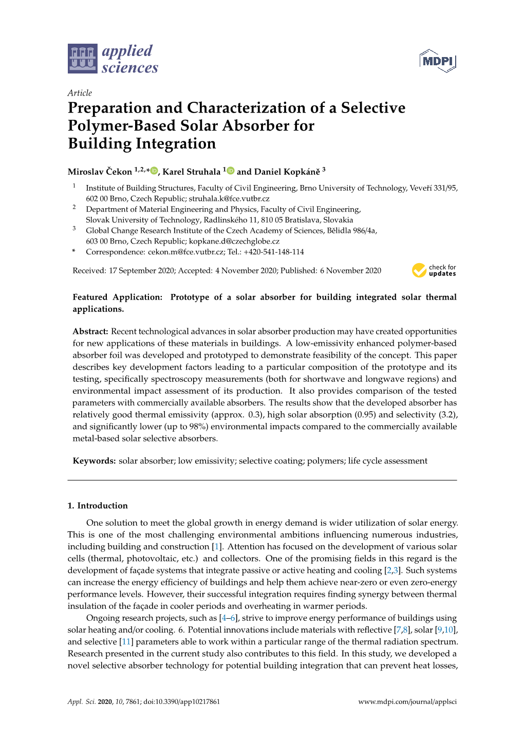 Preparation and Characterization of a Selective Polymer-Based Solar Absorber for Building Integration