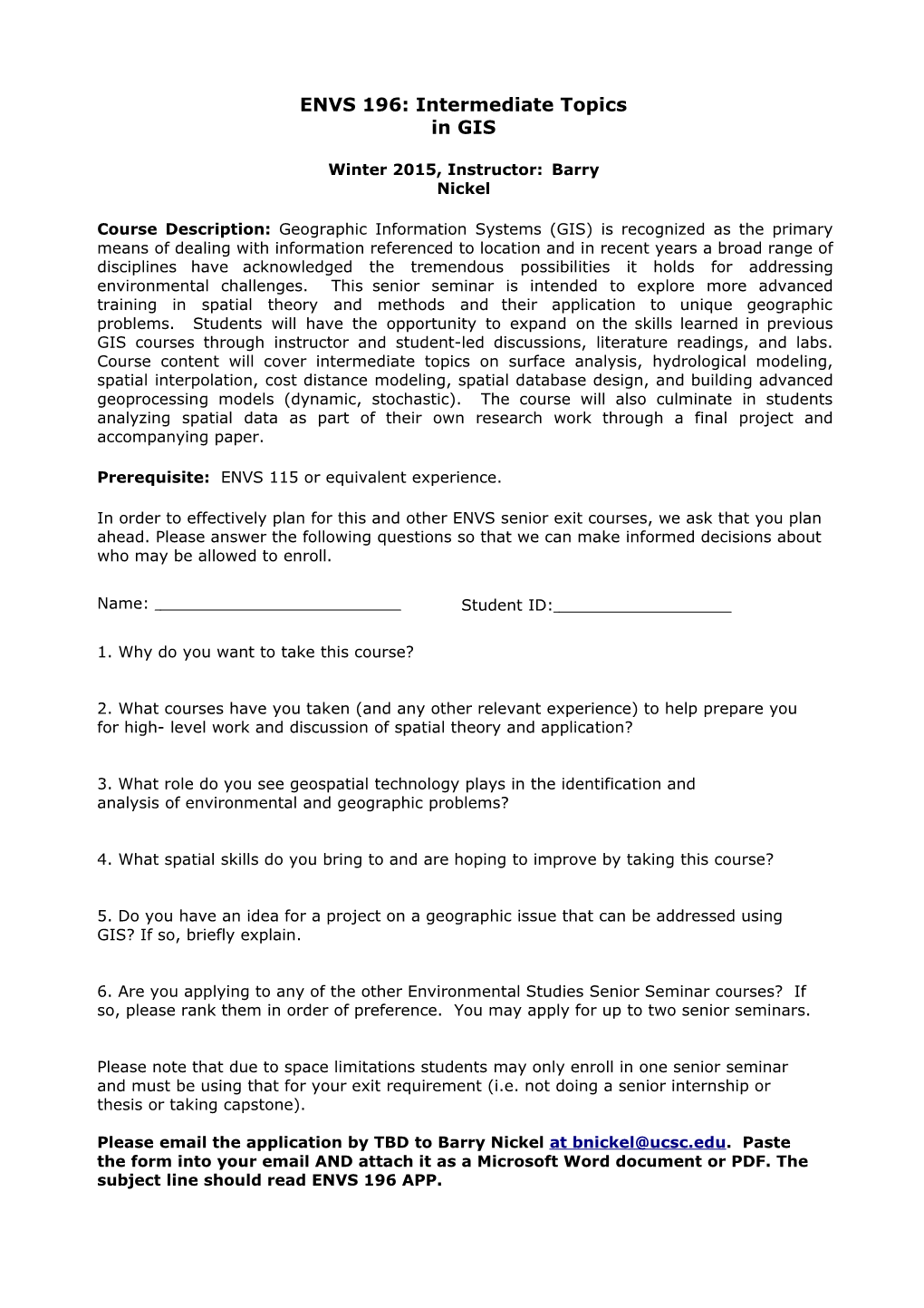 ENVS 196 Winter 2015 Application