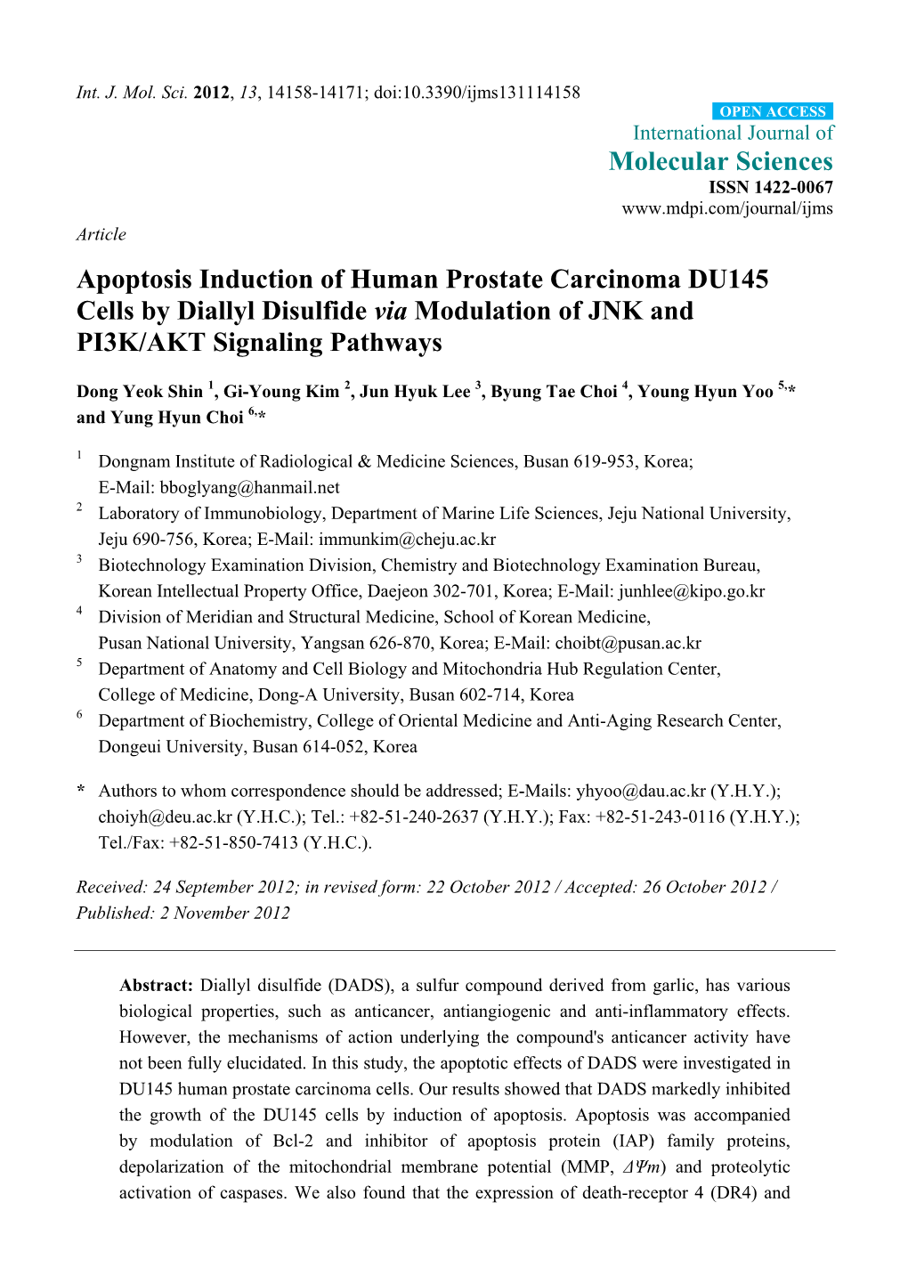 Apoptosis Induction of Human Prostate Carcinoma DU145 Cells by Diallyl Disulfide Via Modulation of JNK and PI3K/AKT Signaling Pathways