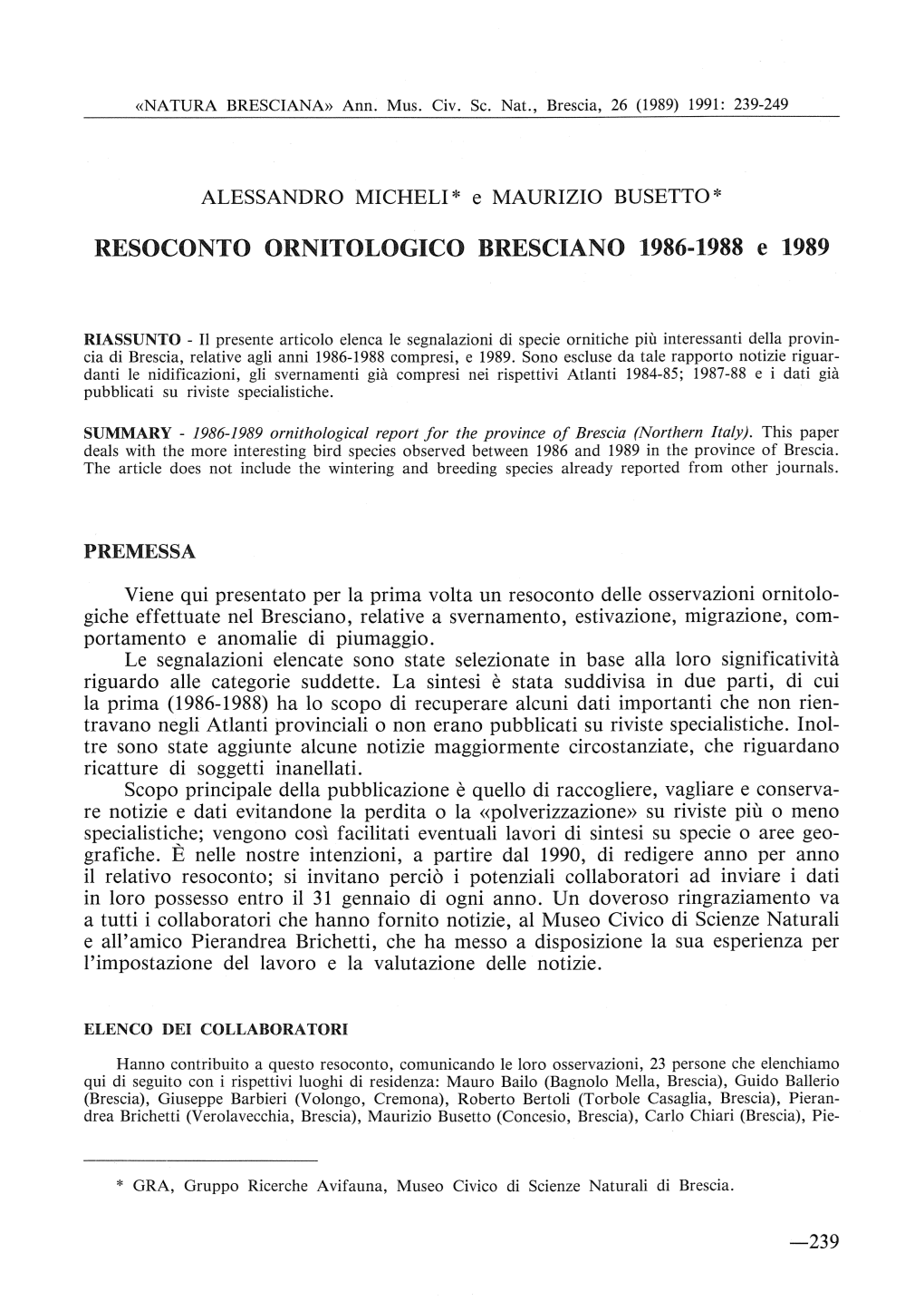 RESOCONTO ORNITOLOGICO BRESCIANO 1986-1988 E 1989