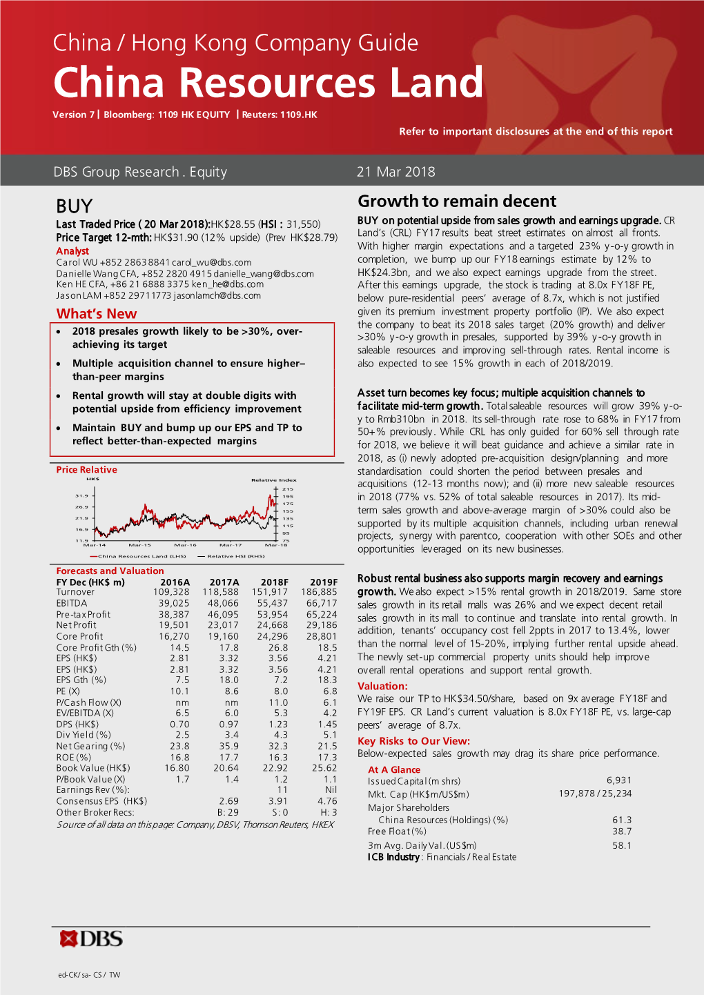 China Resources Land Version 7 | Bloomberg: 1109 HK EQUITY | Reuters: 1109.HK Refer to Important Disclosures at the End of This Report