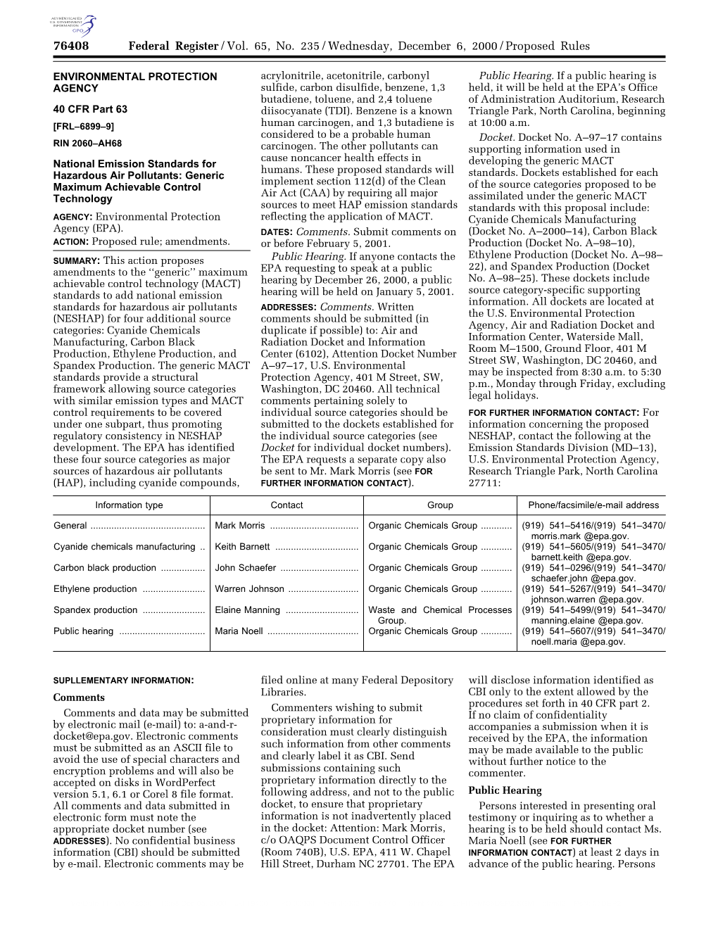 Federal Register/Vol. 65, No. 235/Wednesday, December 6, 2000/Proposed Rules