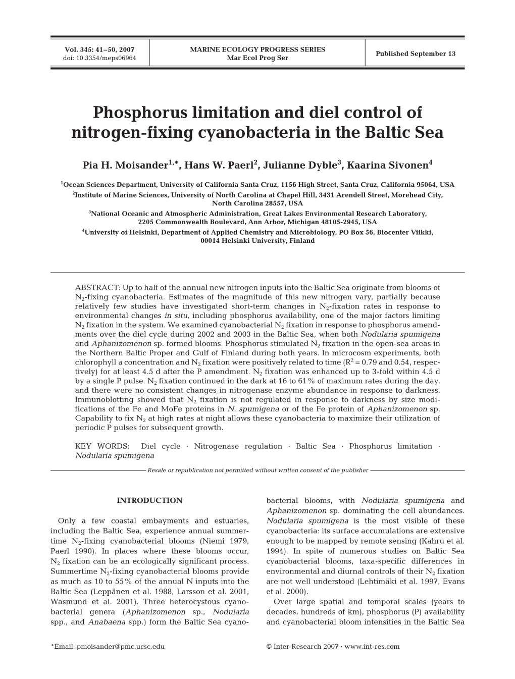 Phosphorus Limitation and Diel Control of Nitrogen-Fixing Cyanobacteria in the Baltic Sea