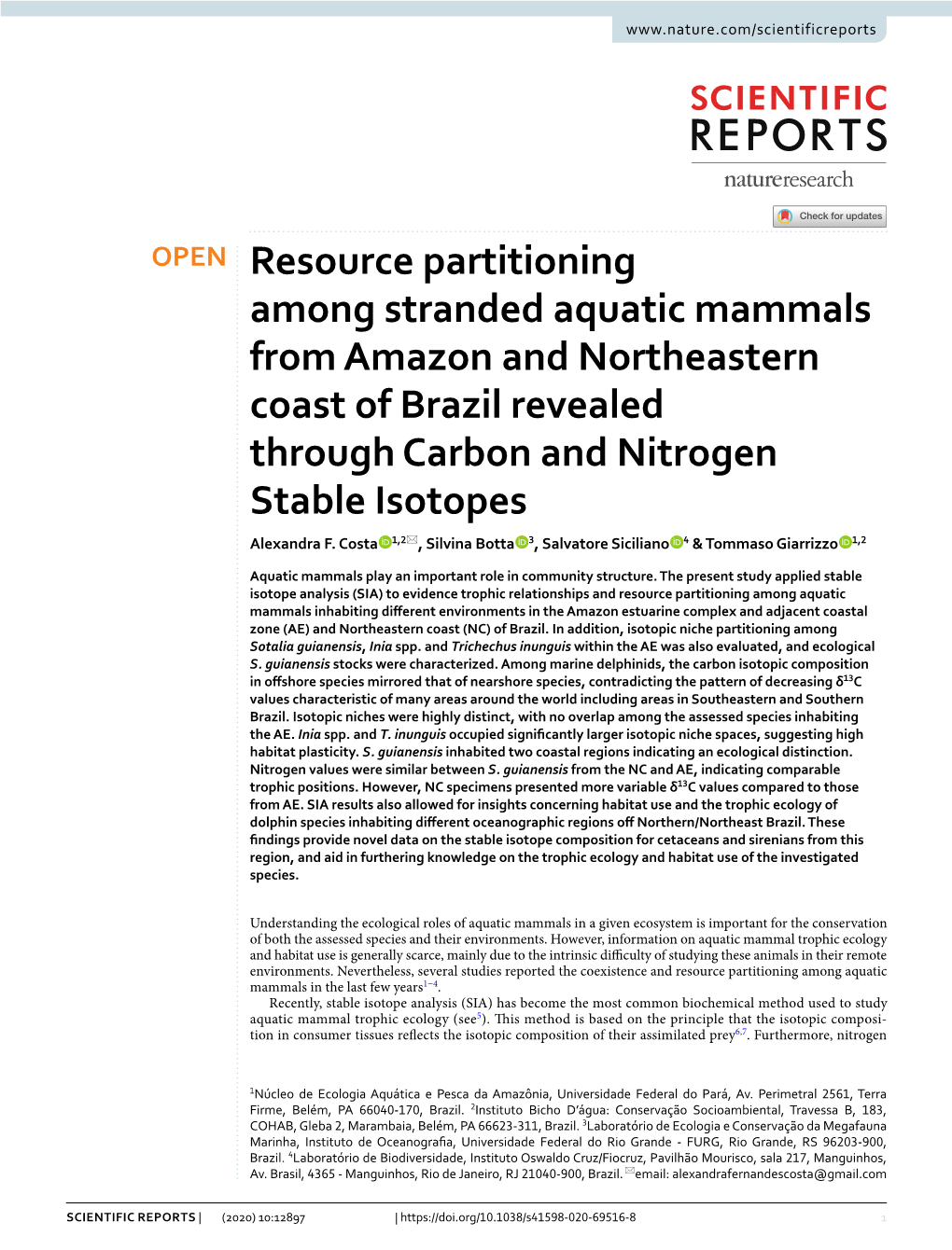 Resource Partitioning Among Stranded Aquatic Mammals from Amazon and Northeastern Coast of Brazil Revealed Through Carbon and Nitrogen Stable Isotopes Alexandra F