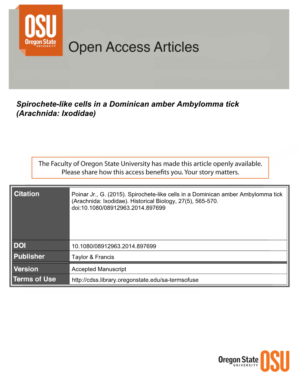 Spirochete-Like Cells in a Dominican Amber Ambylomma Tick (Arachnida: Ixodidae)