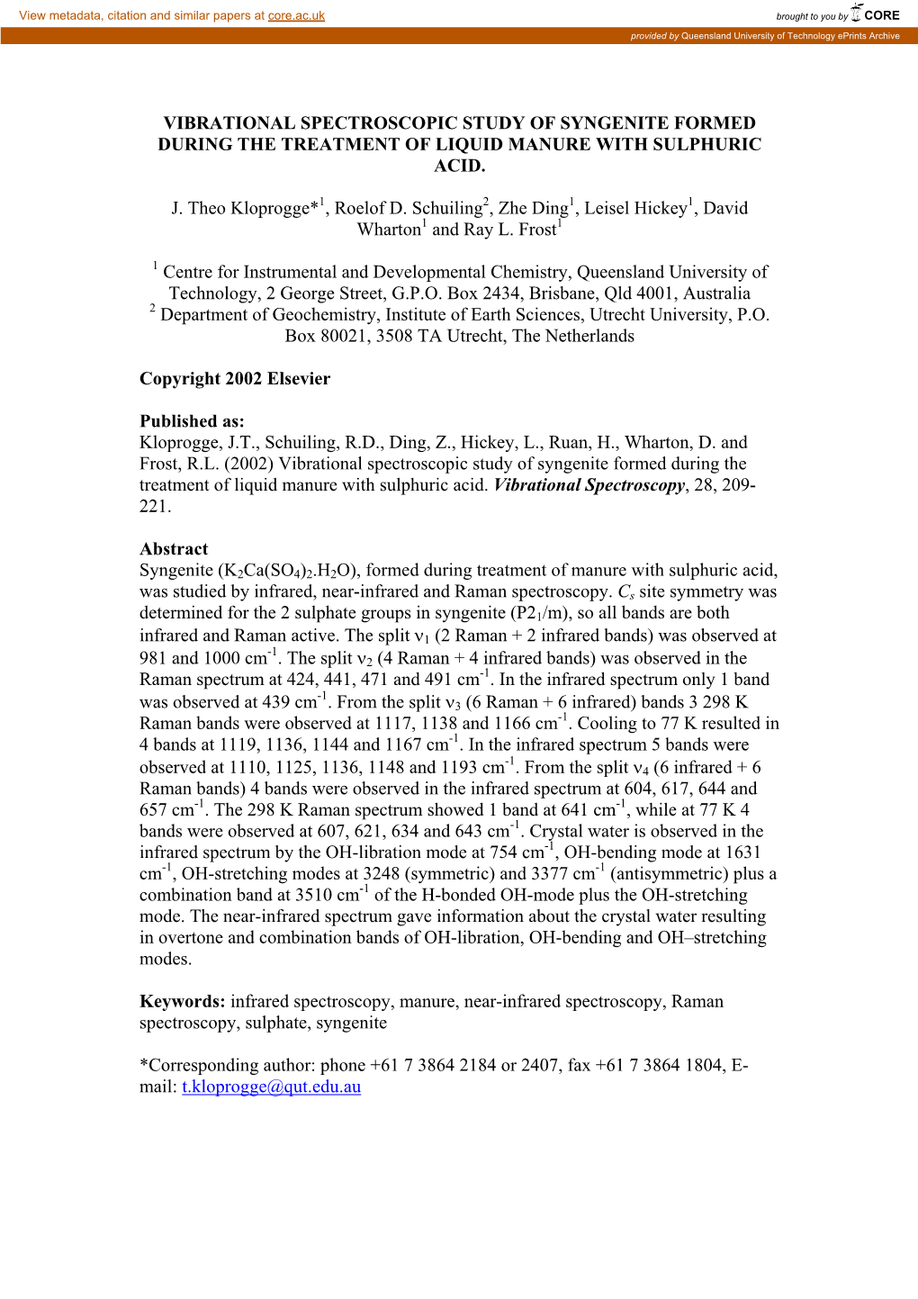 Vibrational Spectroscopic Study of Syngenite Formed During the Treatment of Liquid Manure with Sulphuric Acid