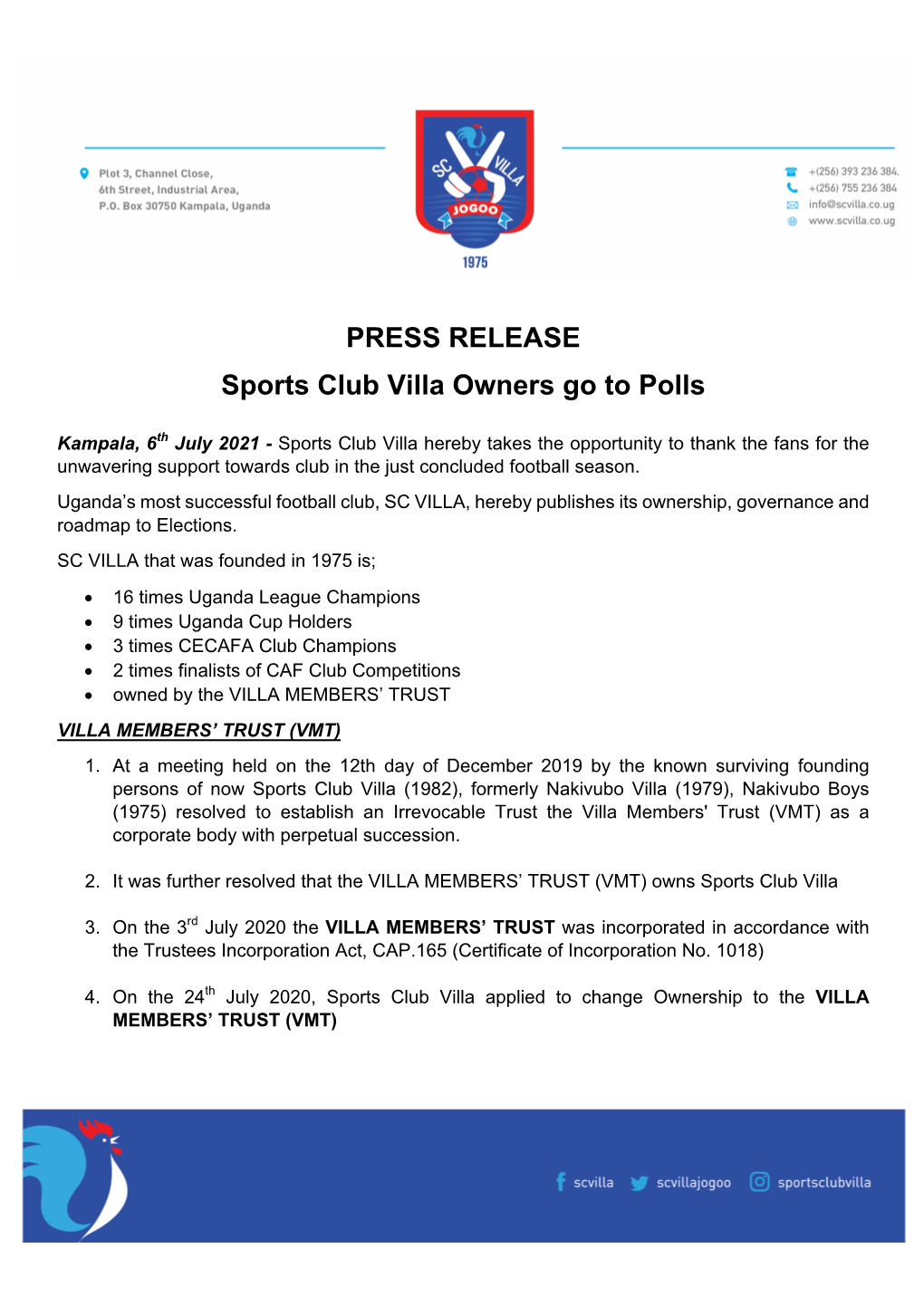 PRESS RELEASE Sports Club Villa Owners Go to Polls