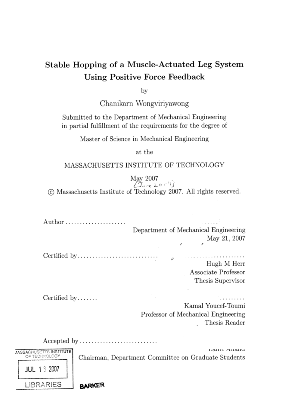 Stable Hopping of a Muscle-Actuated Leg System Using Positive Force Feedback by Chanikarn Wongviriyawong