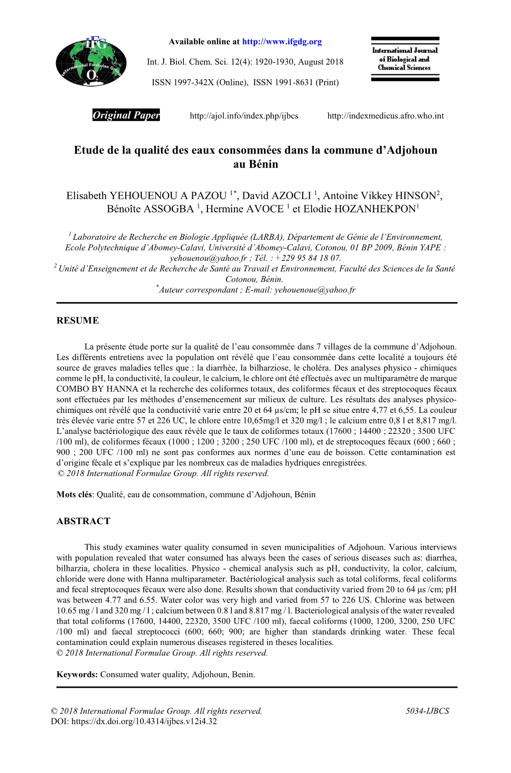 Etude De La Qualité Des Eaux Consommées Dans La Commune D’Adjohoun Au Bénin