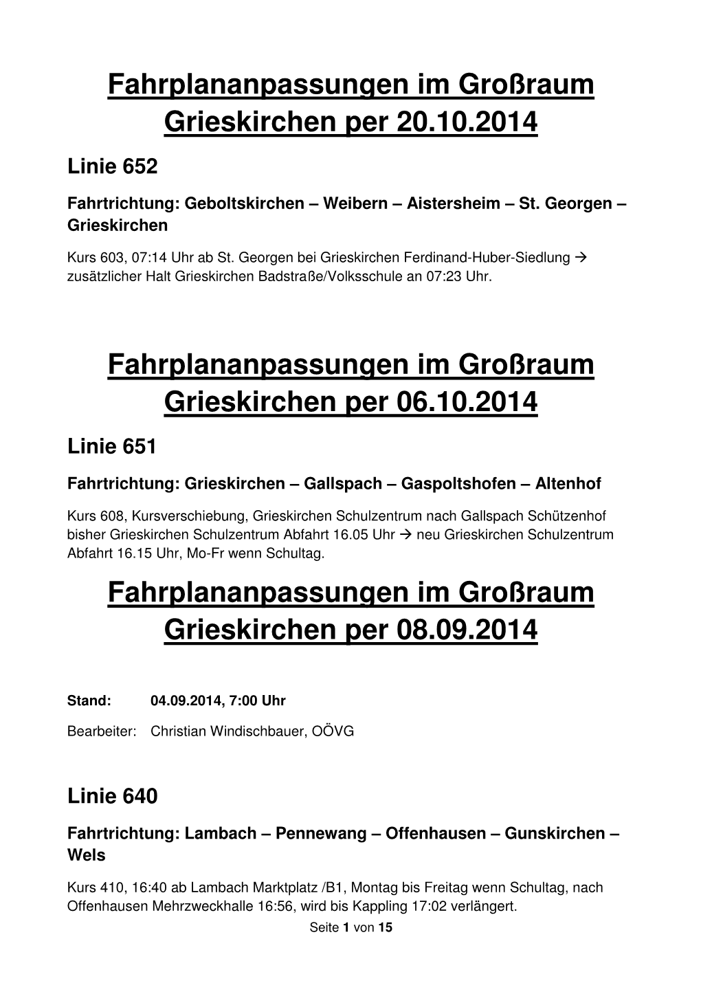 Fahrplananpassungen Im Großraum Grieskirchen Per 06.10.2014 Linie 651