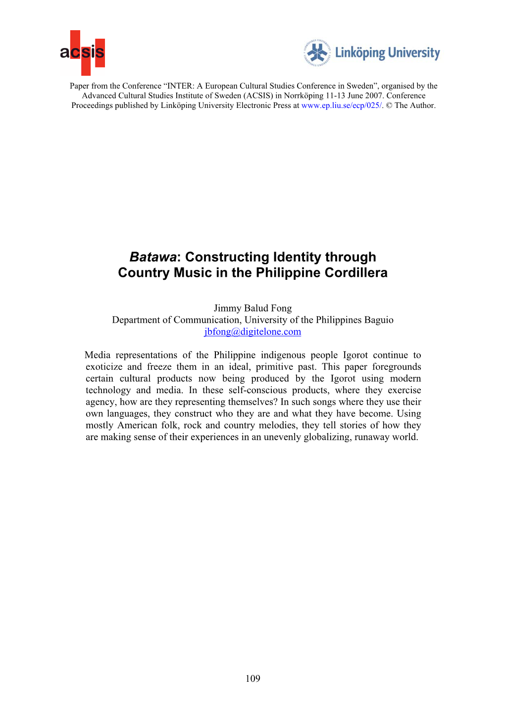 Constructing Identity Through Country Music in the Philippine Cordillera