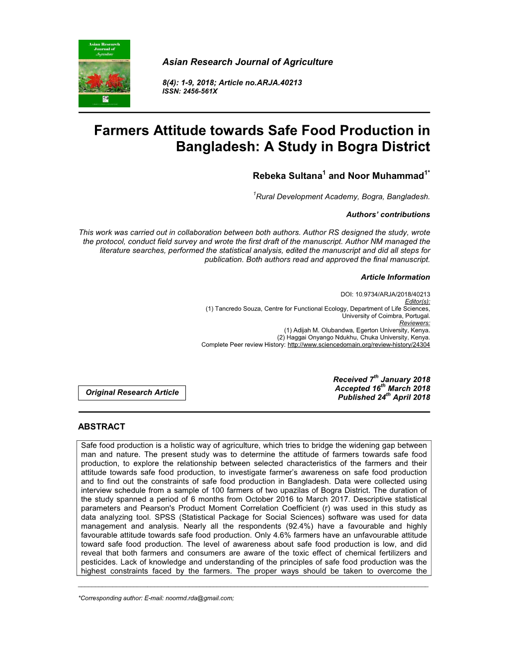 Farmers Attitude Towards Safe Food Production in Bangladesh: a Study in Bogra District