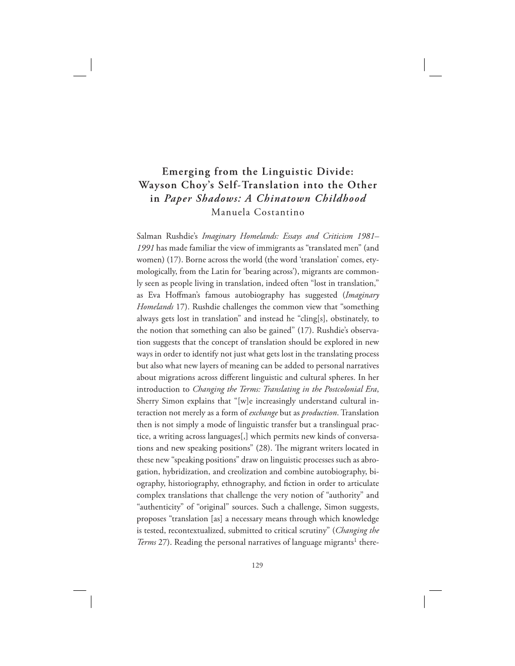 Emerging from the Linguistic Divide: Wayson Choy's Self-Translation Into the Other in Paper Shadows: a Chinatown Childhood