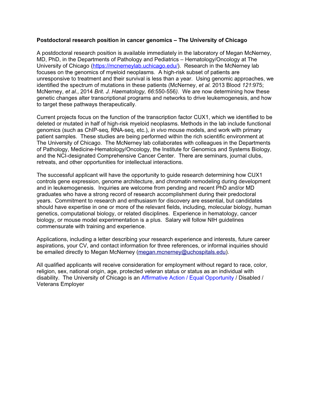 Postdoctoral Research Position in Cancer Genomics the University of Chicago