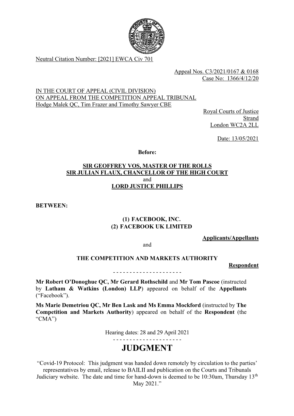 [2021] EWCA Civ 701 Facebook V CMA.Pdf