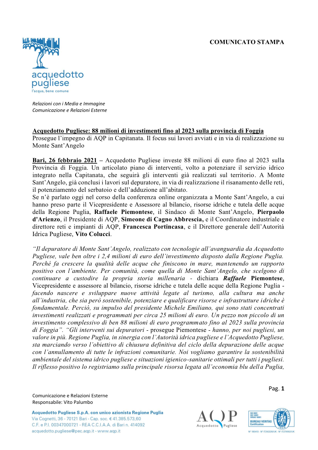 88 Milioni Di Investimenti Fino Al 2023 Sulla Provincia Di Foggia Prosegue L’Impegno Di AQP in Capitanata