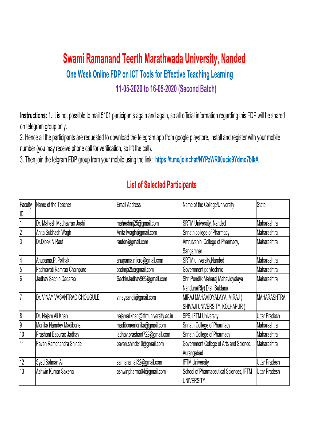 Swami Ramanand Teerth Marathwada University, Nanded One Week Online FDP on ICT Tools for Effective Teaching Learning 11-05-2020 to 16-05-2020 (Second Batch)