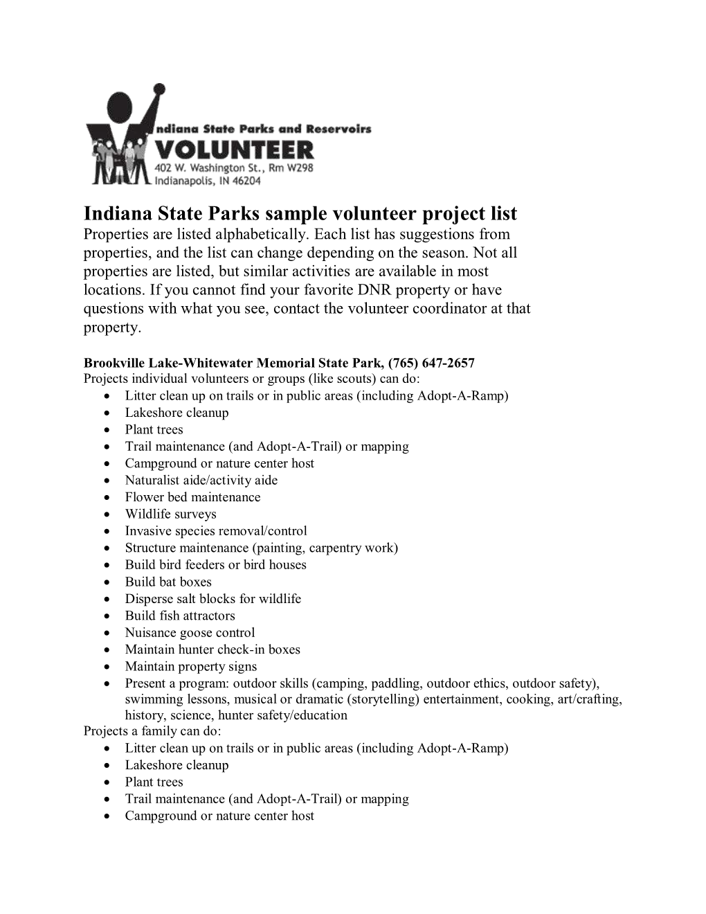 Indiana State Parks Sample Volunteer Project List Properties Are Listed Alphabetically