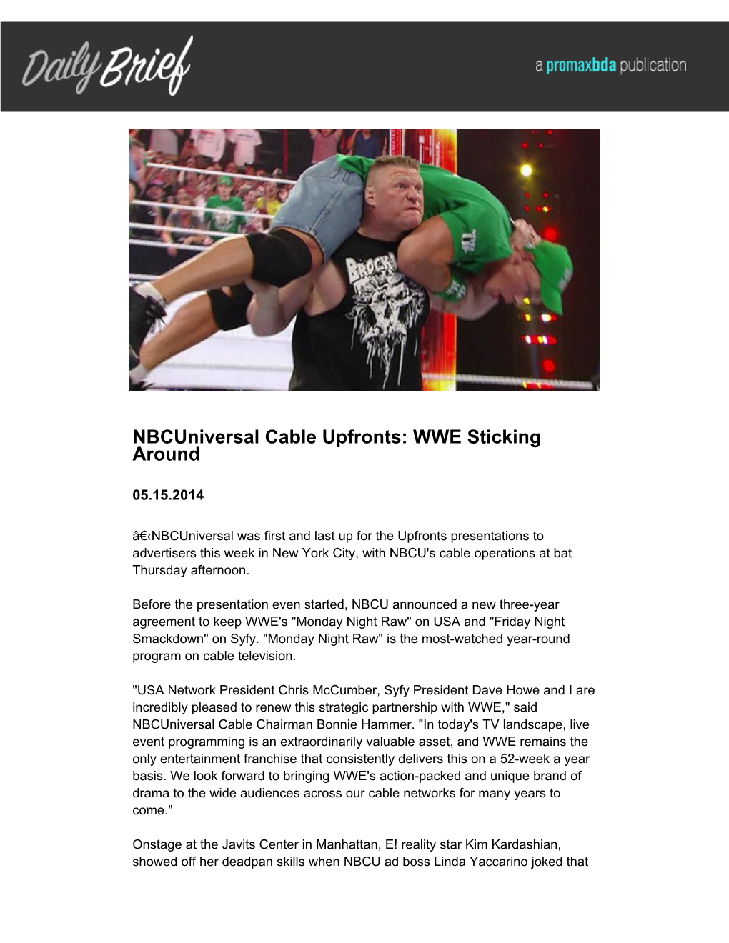 Nbcuniversal Cable Upfronts: WWE Sticking Around