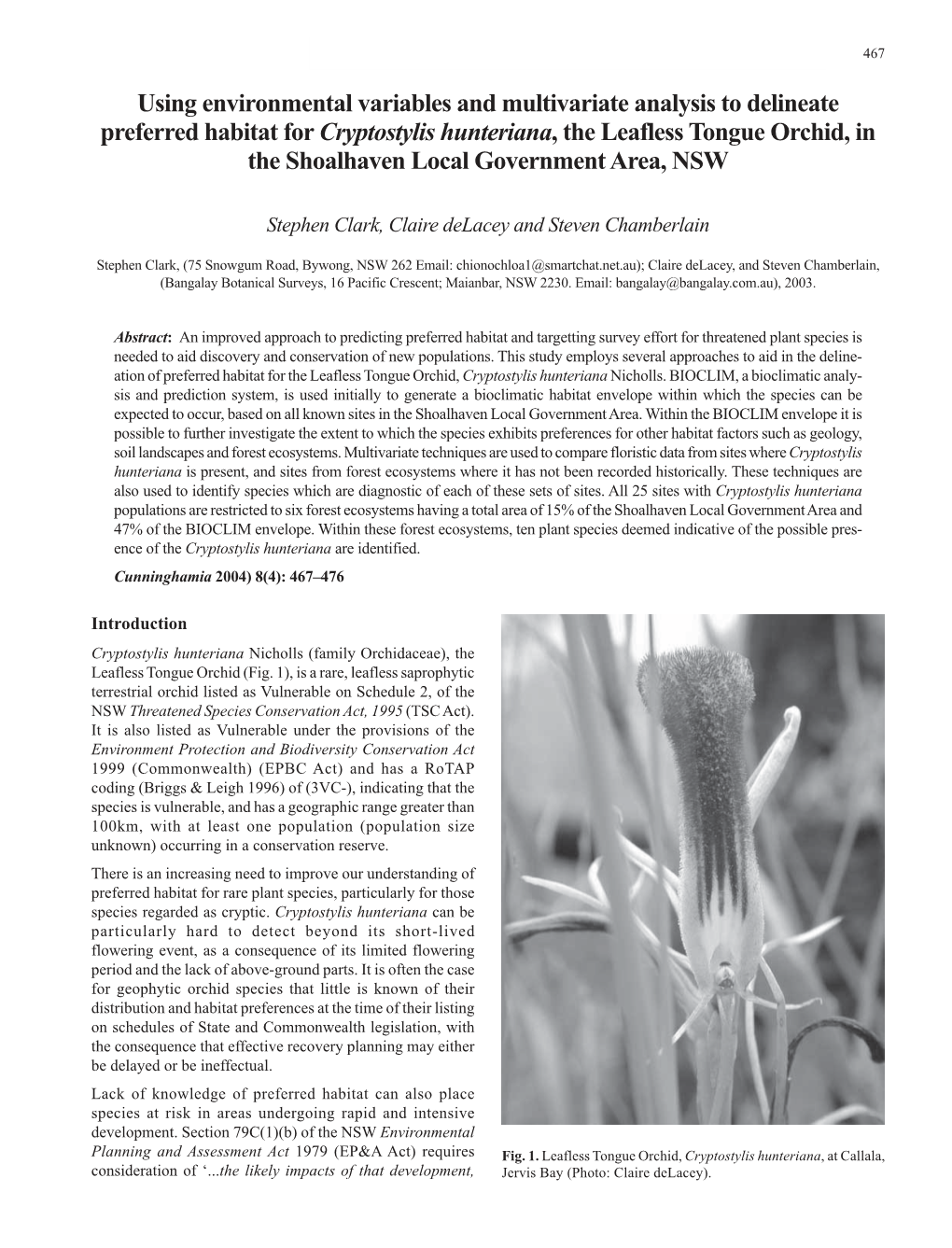 Clark Et Al., Preferred Habitat for Cryptostylis Hunteriana, the Leafless Tongue Orchid 467