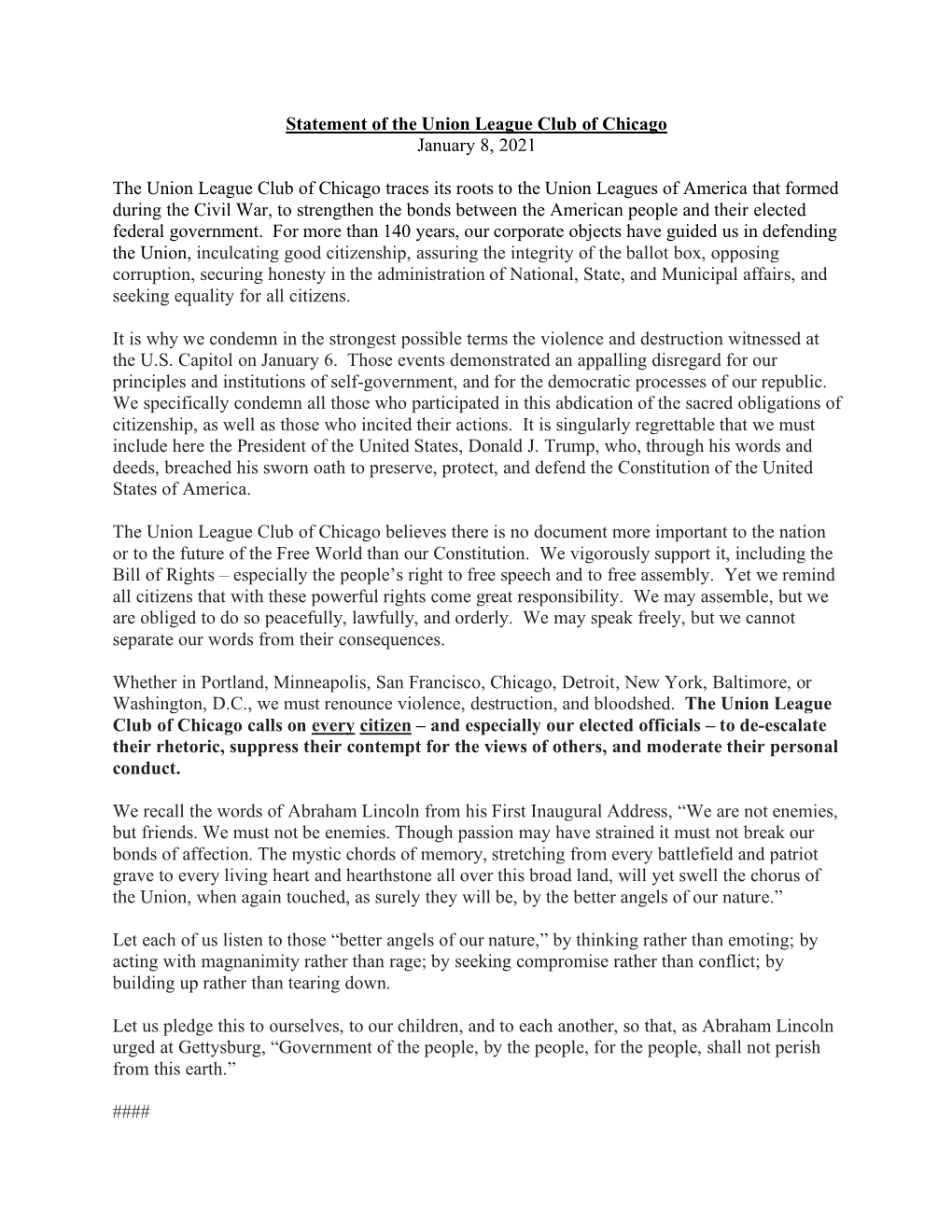 Statement of the Union League Club of Chicago January 8, 2021 The