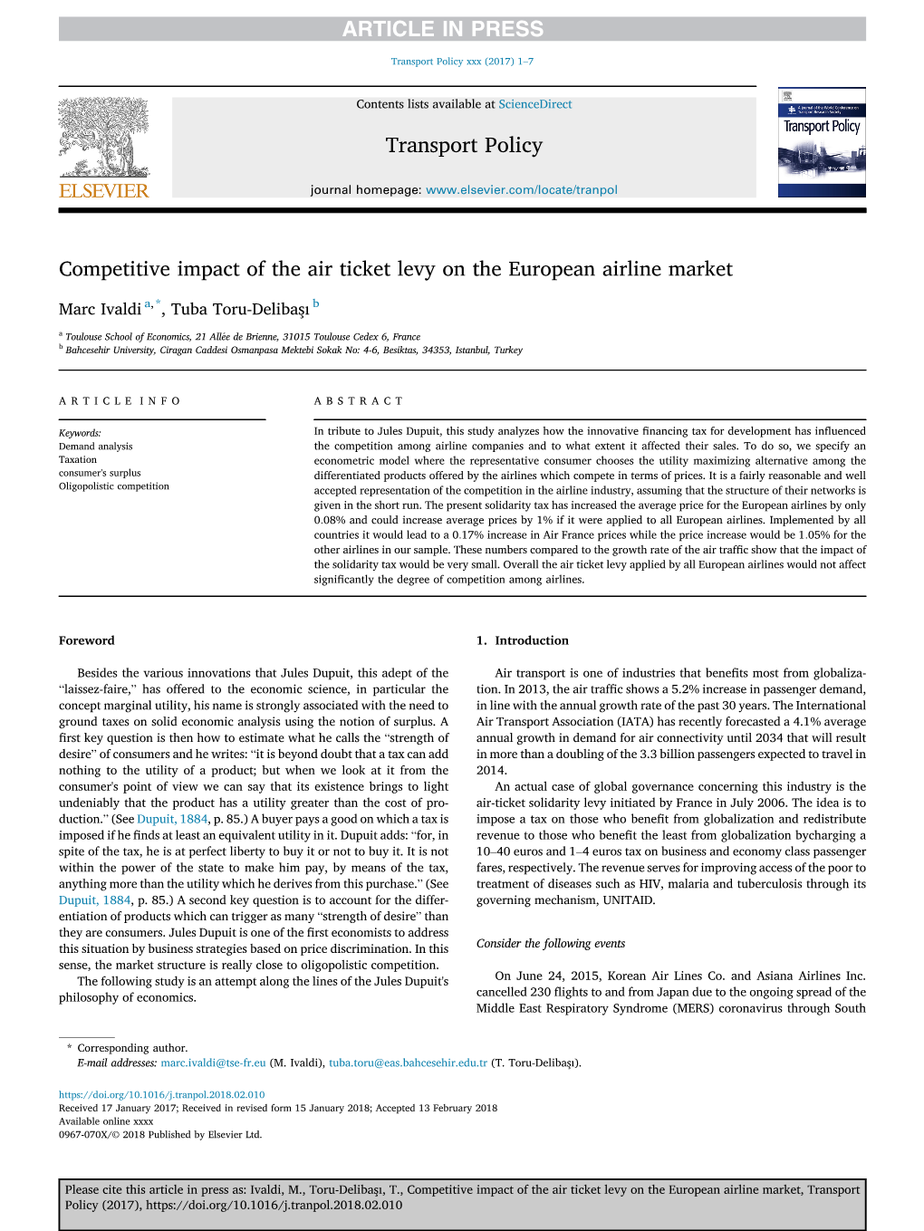 Competitive Impact of the Air Ticket Levy on the European Airline Market