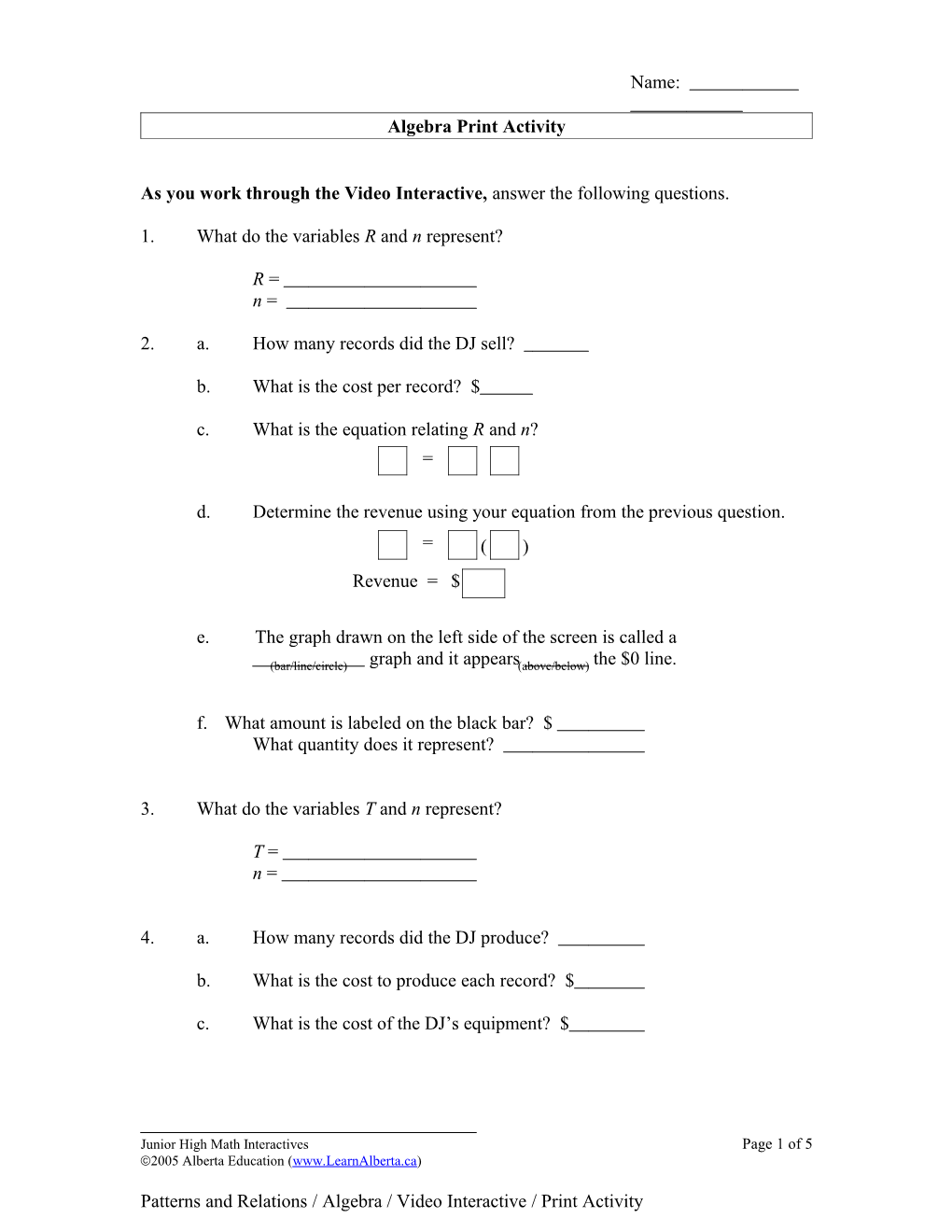 Print Activity for ALGEBRA