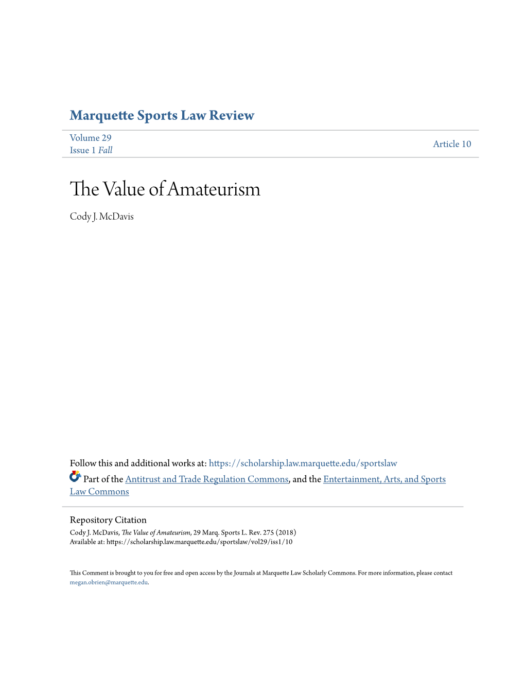 The Value of Amateurism, 29 Marq