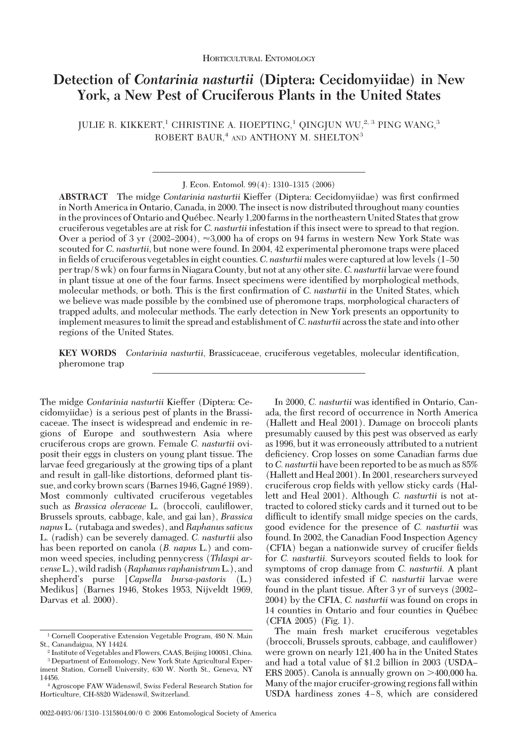 Detection of Contarinia Nasturtii (Diptera: Cecidomyiidae) in New York, a New Pest of Cruciferous Plants in the United States