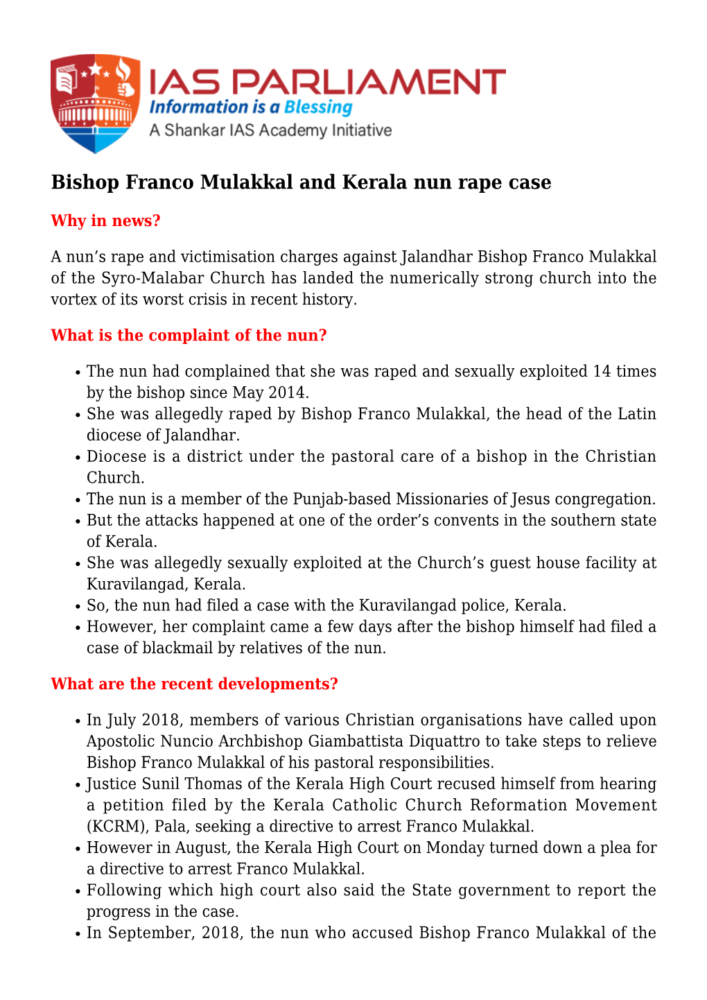 Bishop Franco Mulakkal and Kerala Nun Rape Case