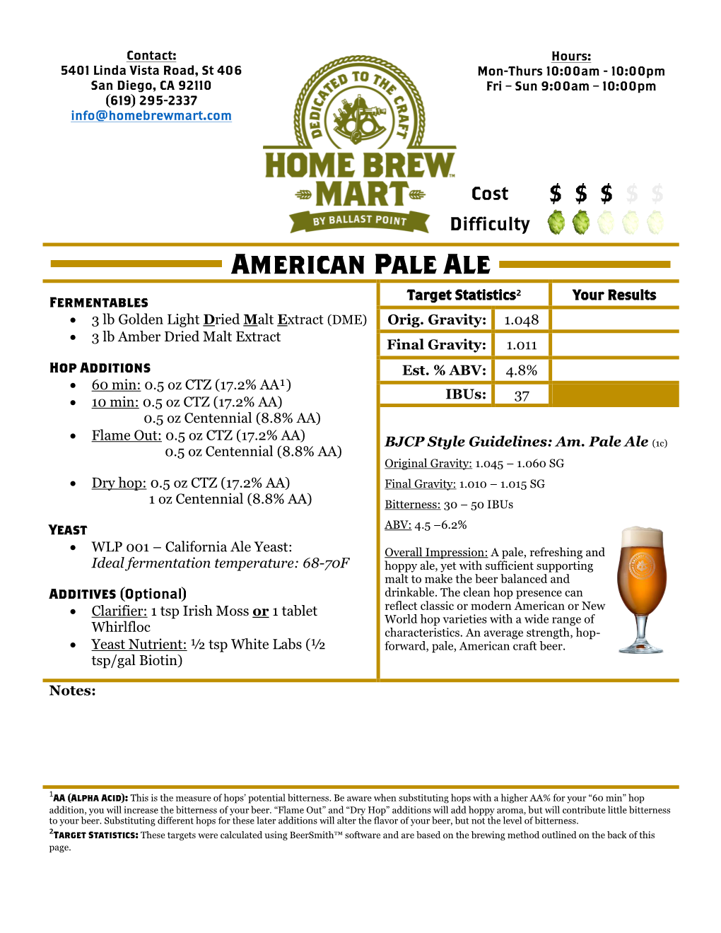 American Pale Ale Target Statistics² Your Results Fermentables • 3 Lb Golden Light Dried Malt Extract (DME) Orig