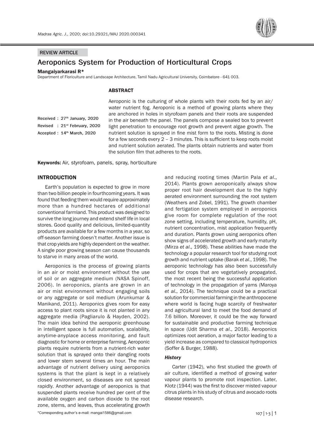 Aeroponics System for Production of Horticultural Crops