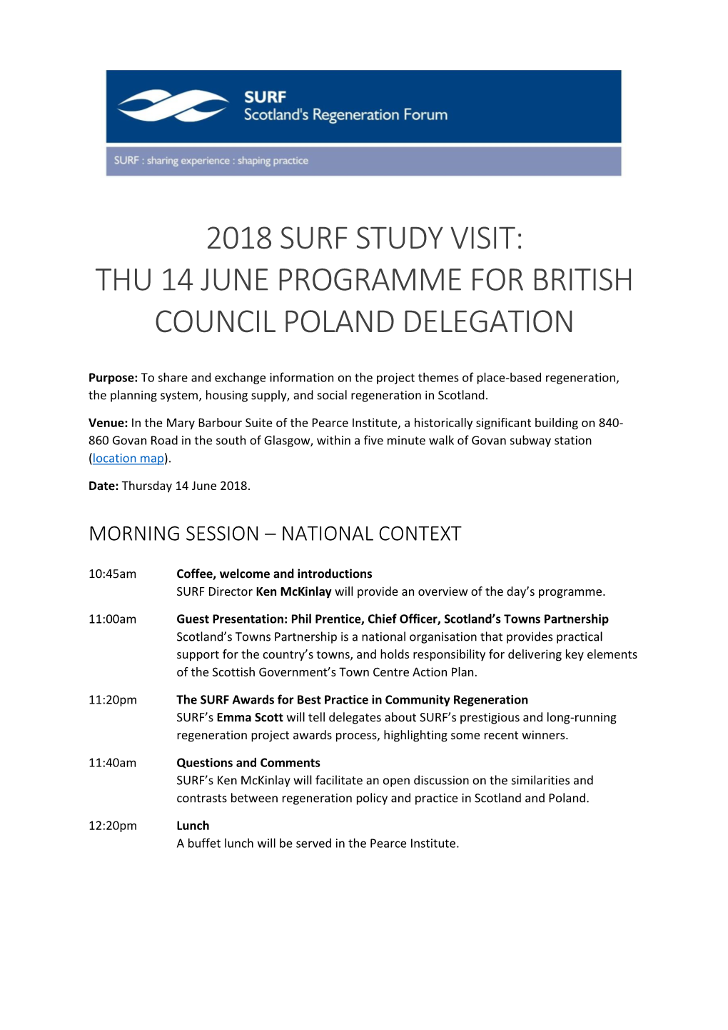 2018 Surf Study Visit: Thu 14 June Programme for British Council Poland Delegation