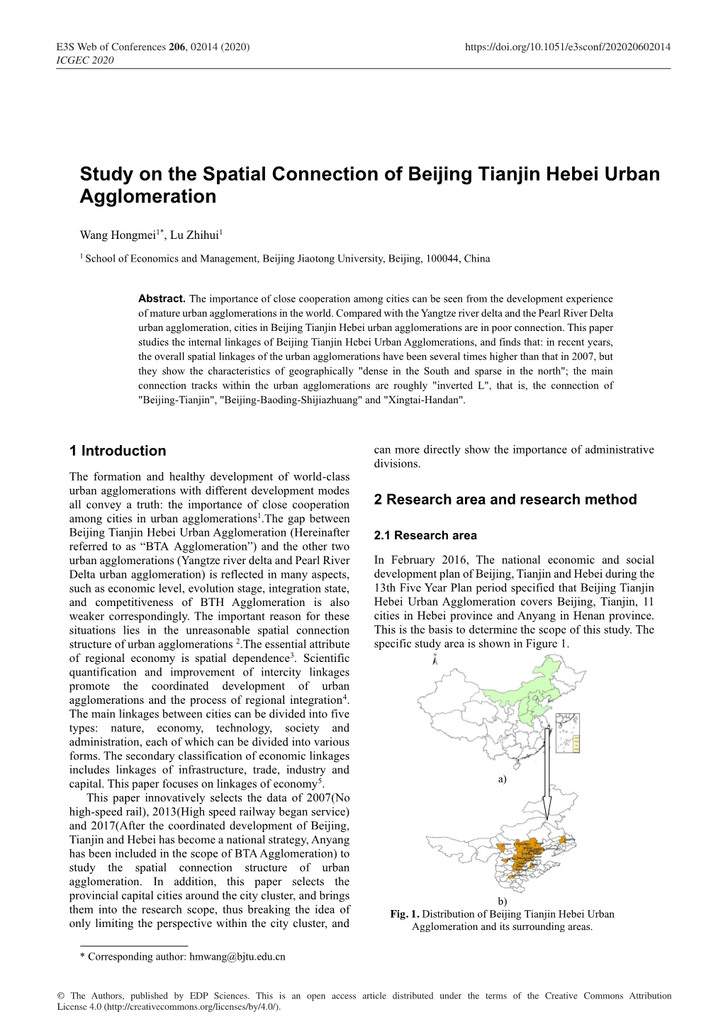 Study on the Spatial Connection of Beijing Tianjin Hebei Urban Agglomeration