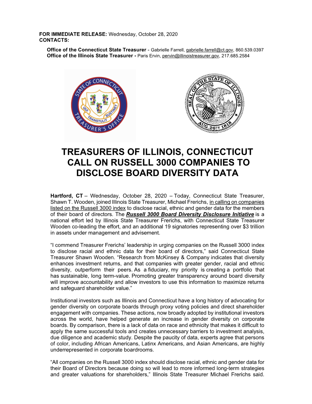 Treasurers of Illinois, Connecticut Call on Russell 3000 Companies to Disclose Board Diversity Data