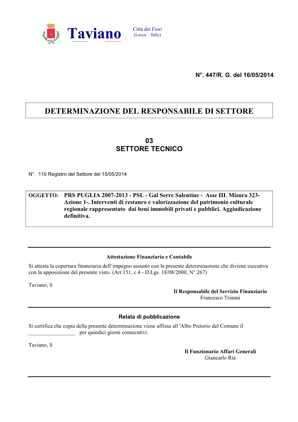 Determinazione Del Responsabile Di Settore