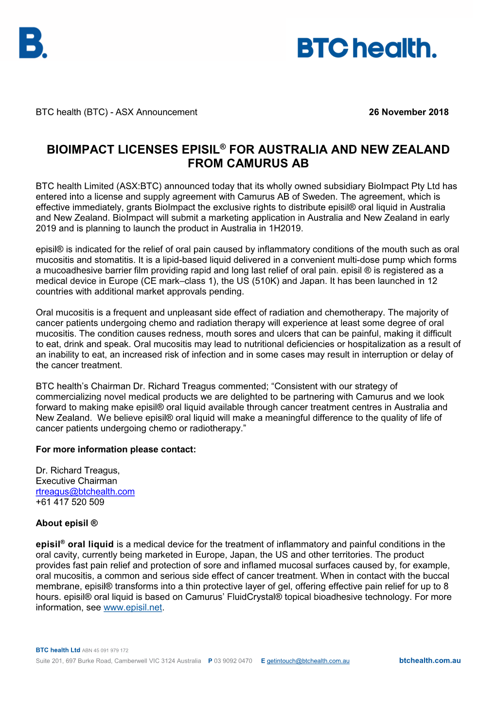 Bioimpact Licenses Episil for Australia and New Zealand