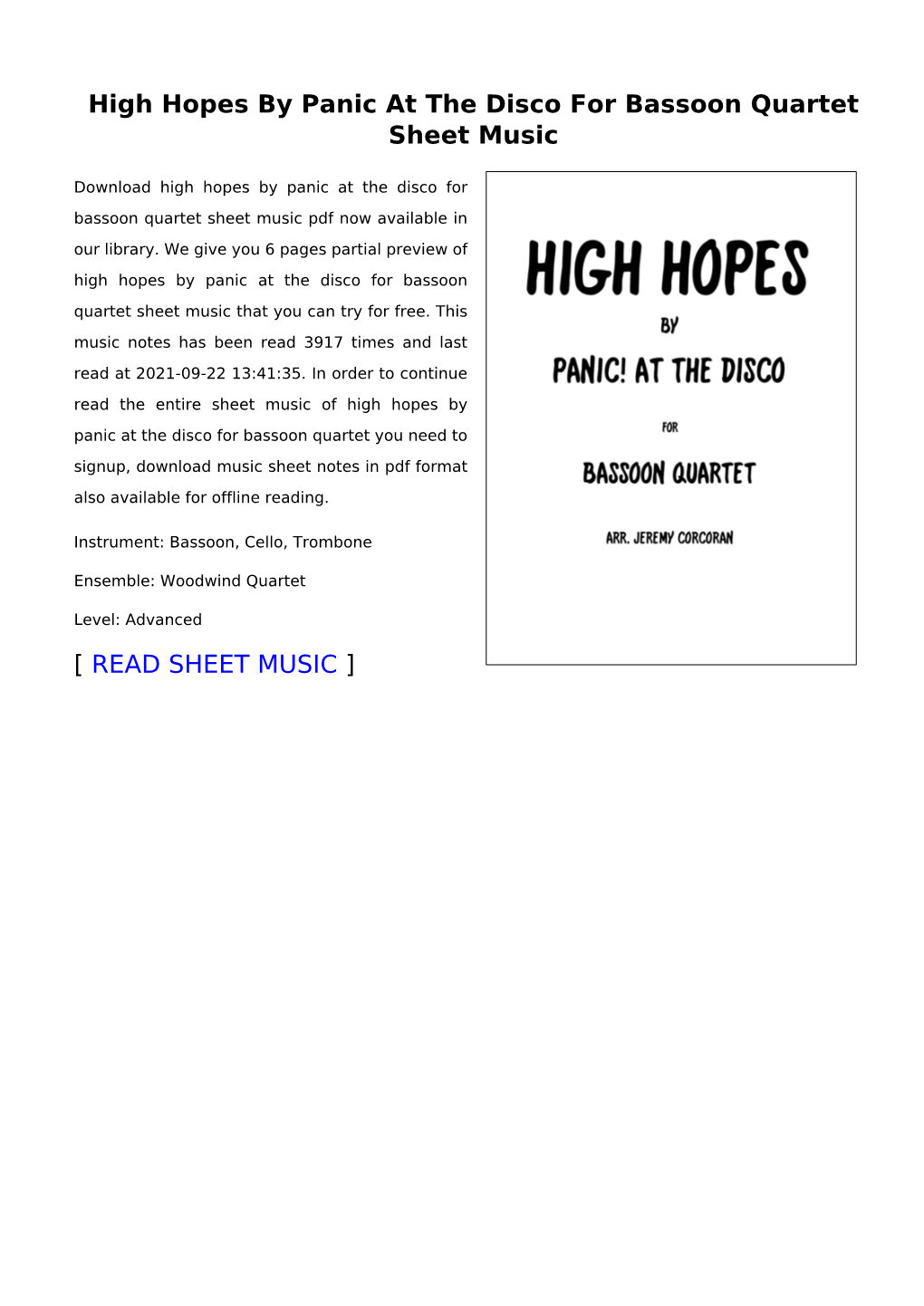High Hopes by Panic at the Disco for Bassoon Quartet Sheet Music