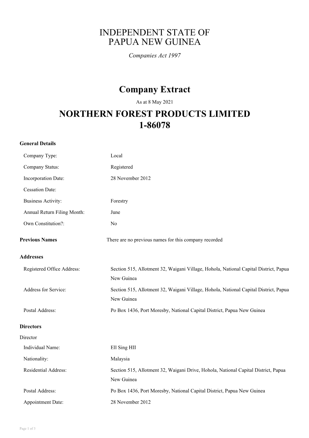 INDEPENDENT STATE of PAPUA NEW GUINEA Company Extract