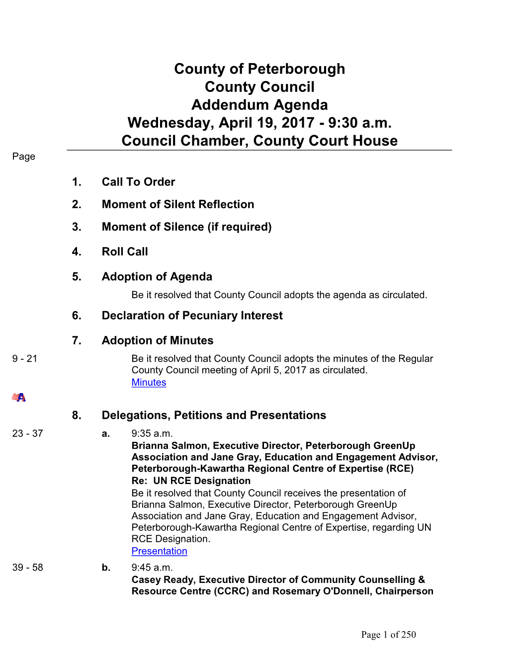 County Council Addendum Agenda Wednesday, April 19, 2017 - 9:30 A.M