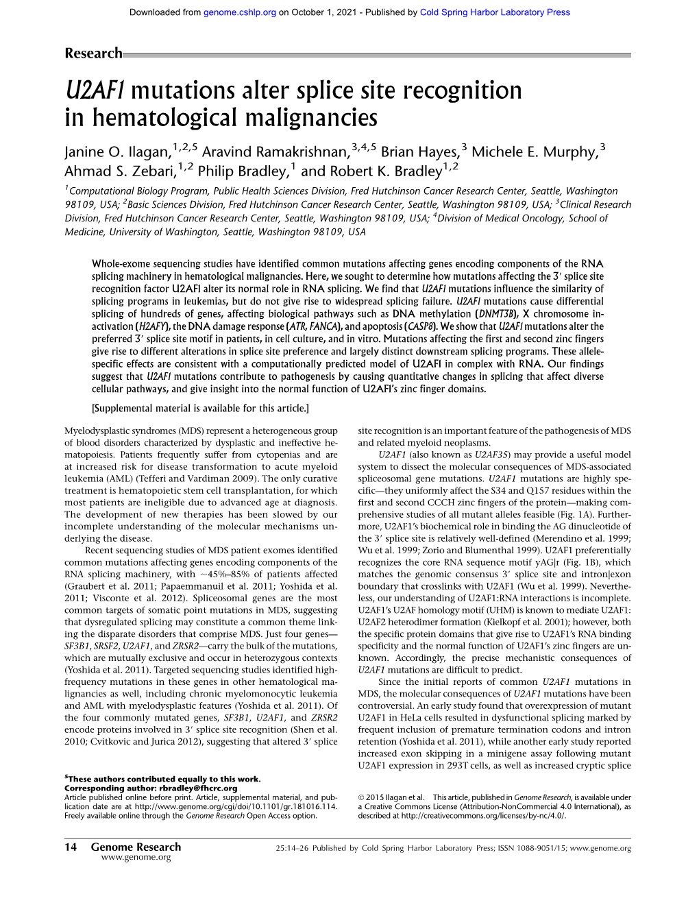 U2AF1 Mutations Alter Splice Site Recognition in Hematological Malignancies