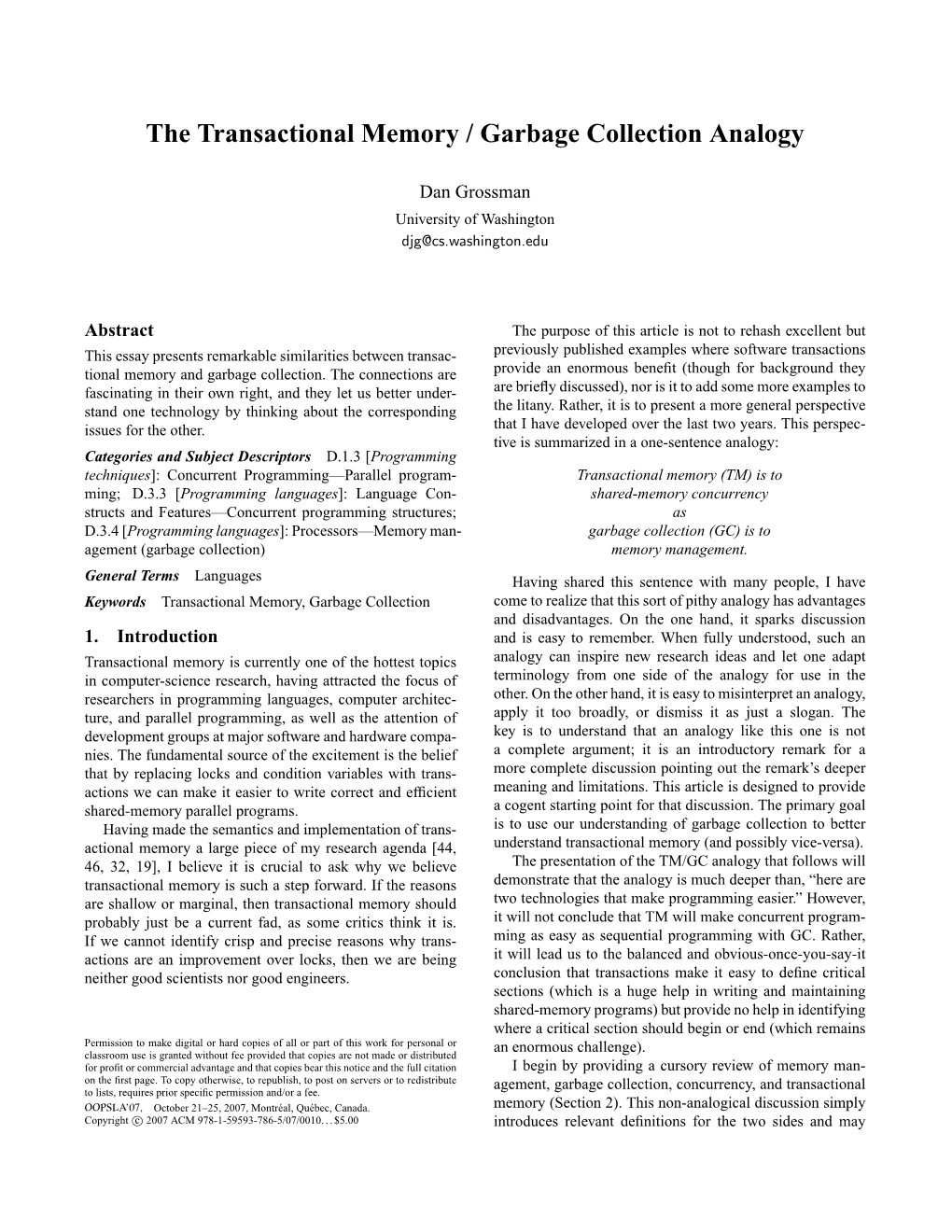 The Transactional Memory / Garbage Collection Analogy