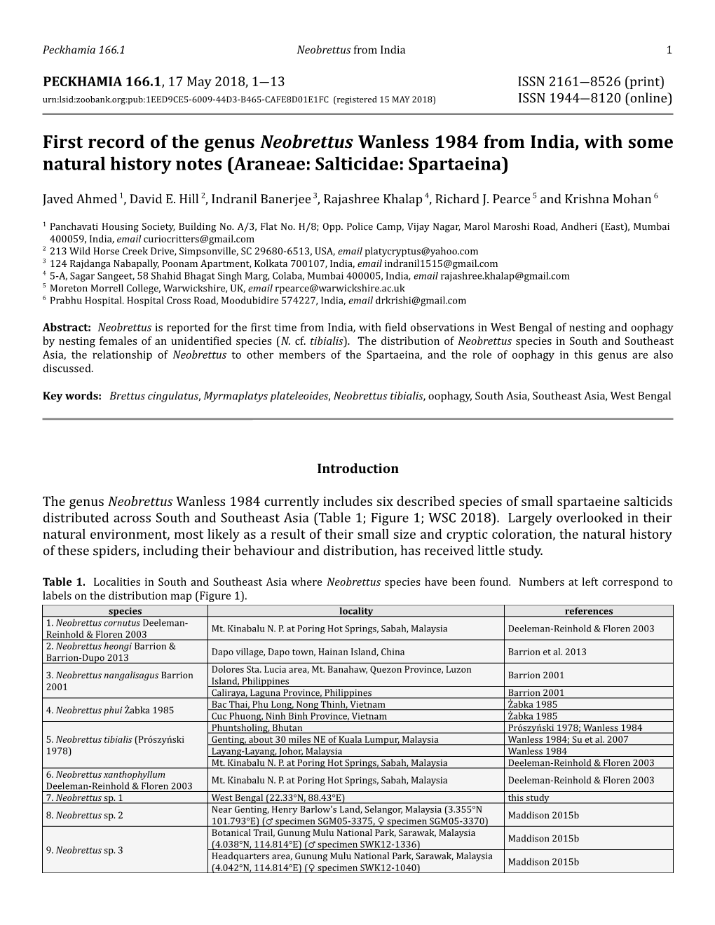 First Record of the Genus Neobrettus Wanless 1984 from India, with Some Natural History Notes (Araneae: Salticidae: Spartaeina)