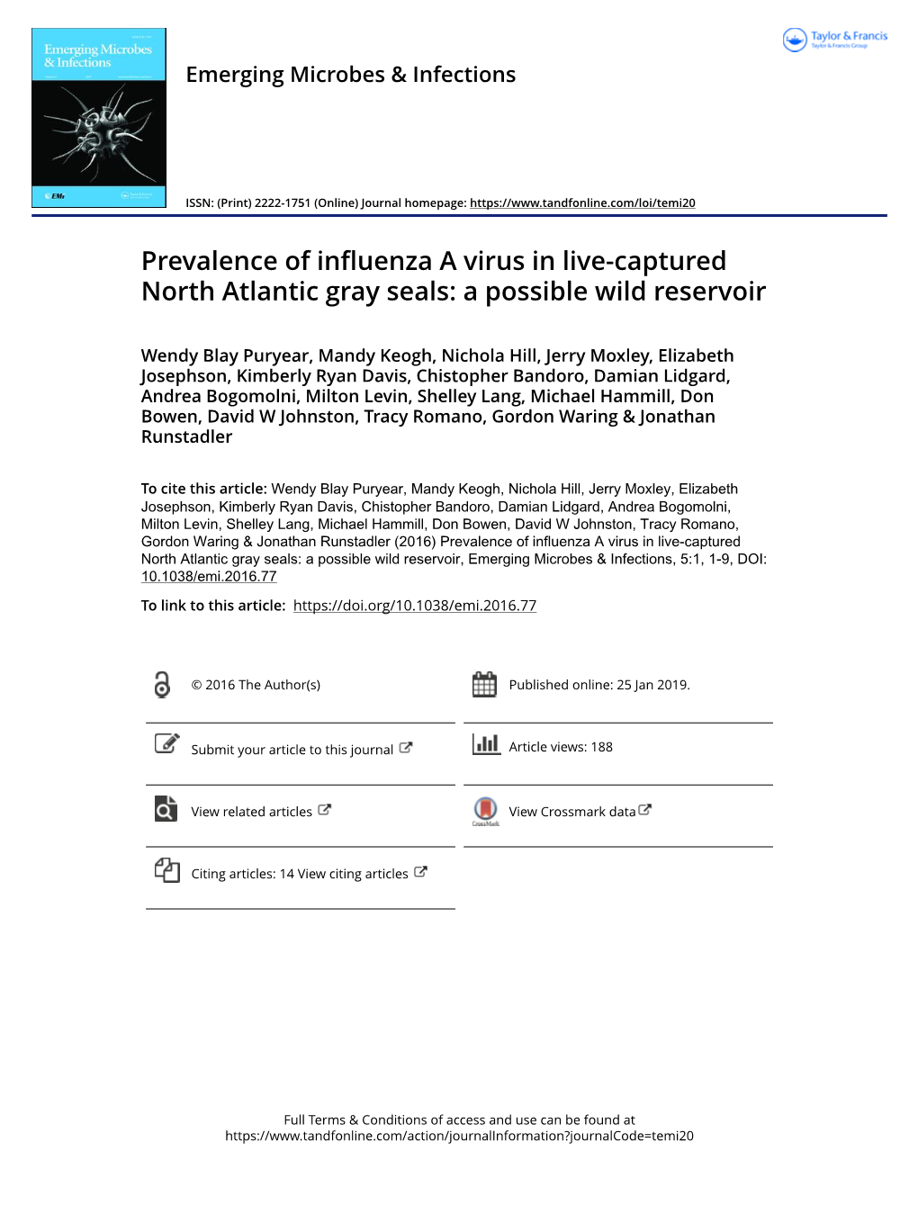 Prevalence of Influenza a Virus in Live-Captured North Atlantic Gray Seals: a Possible Wild Reservoir